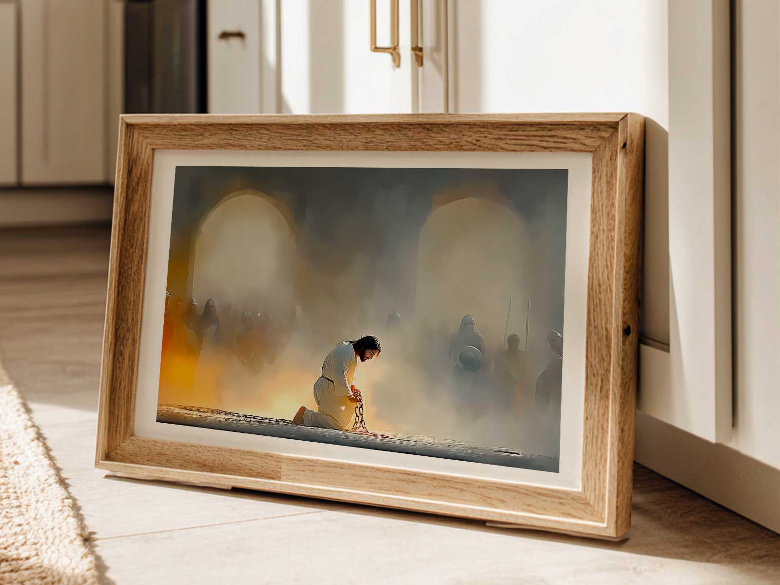 Contemplative trial sketch showing Jesus as a quiet presence amid surrounding figures