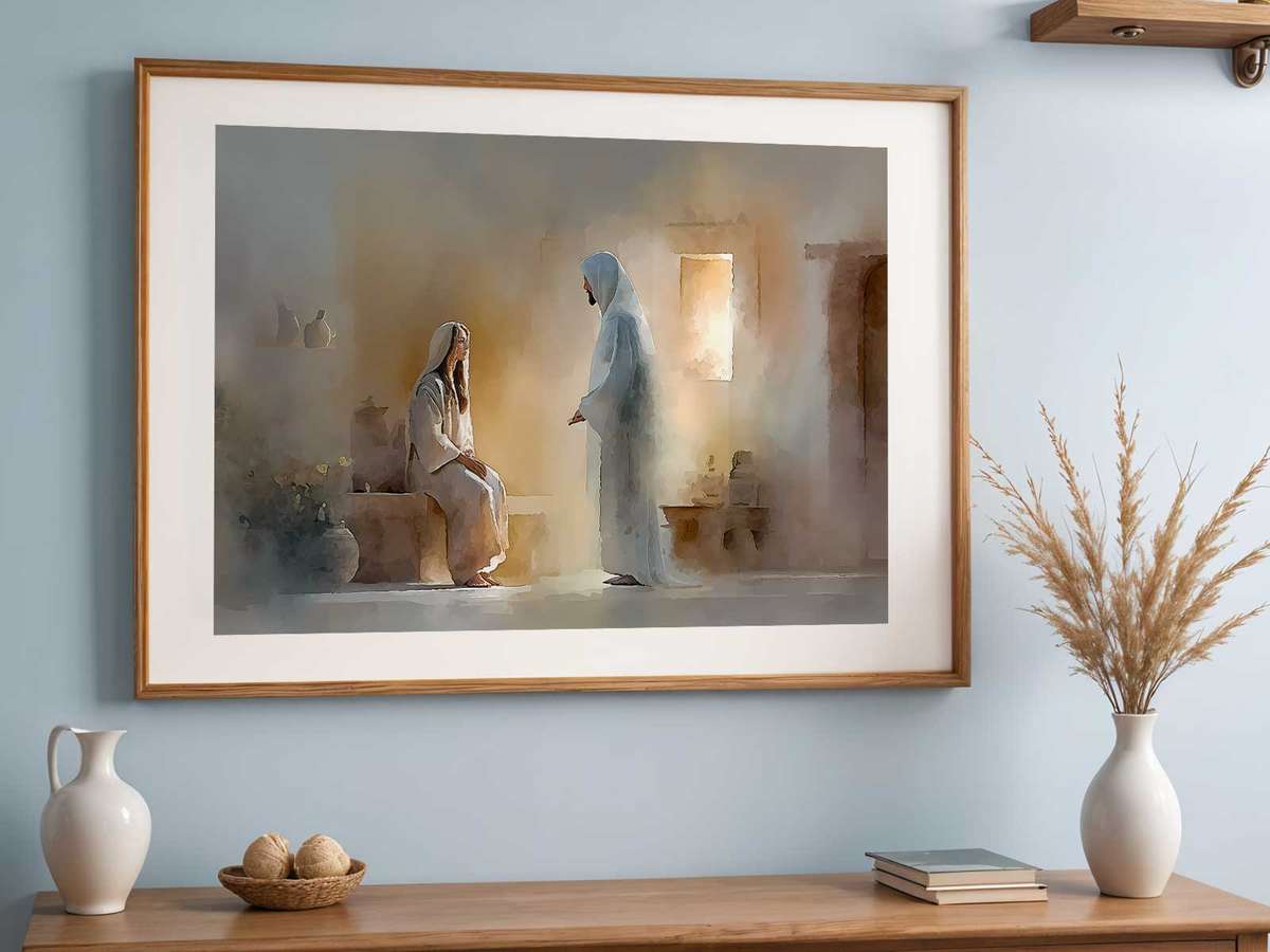 Annunciation panel displayed in a contemporary living room, illustrating balanced scale, framing, and placement for…