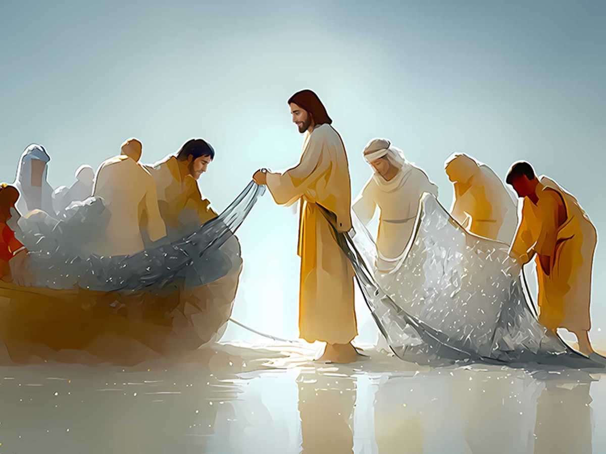 Close-up of hands pulling a heavy net of fish into a wooden boat, showing effort and surprise
