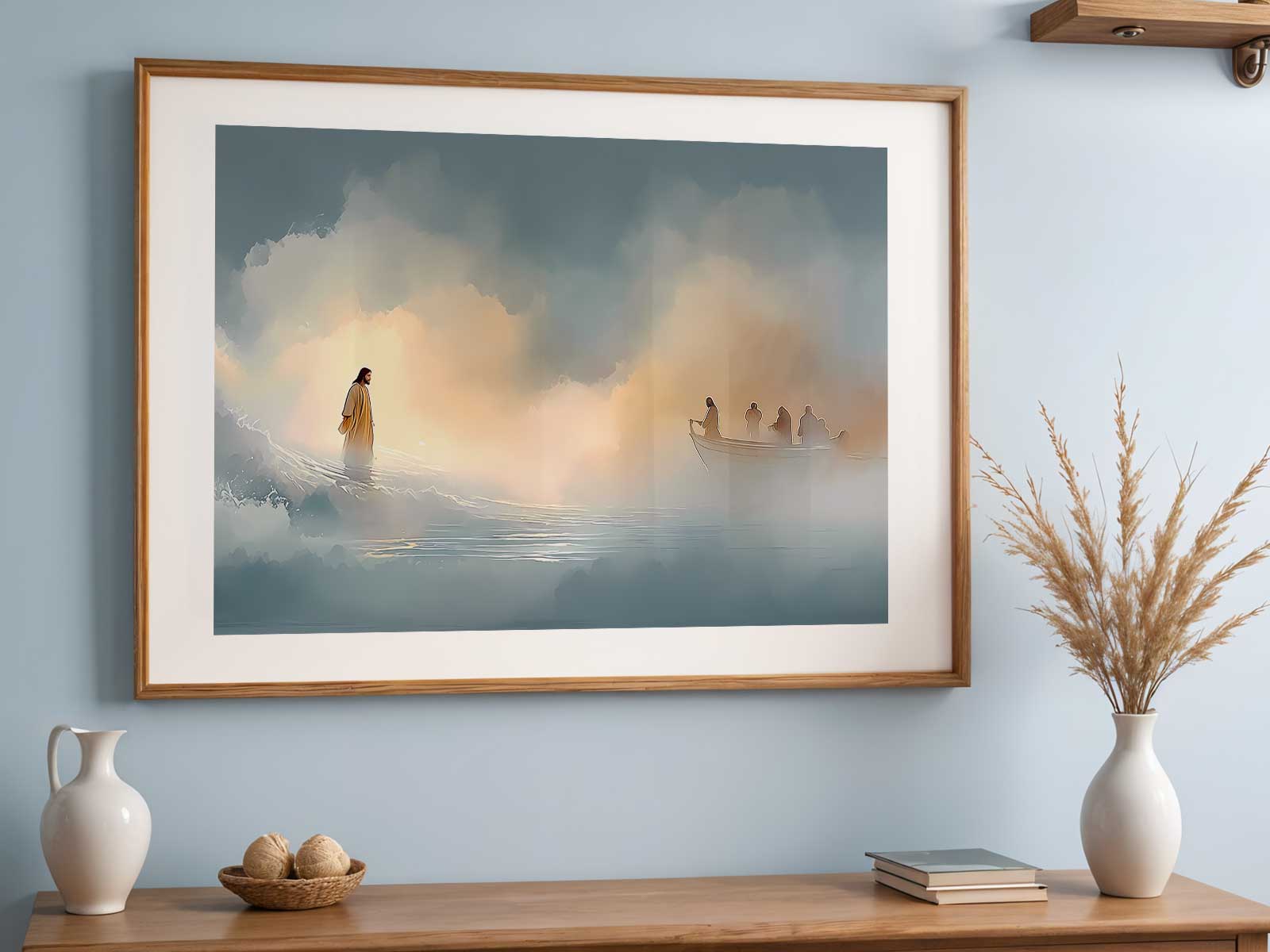 Disciples in the boat reacting to wind and waves, faces showing fear and awe as Jesus approaches