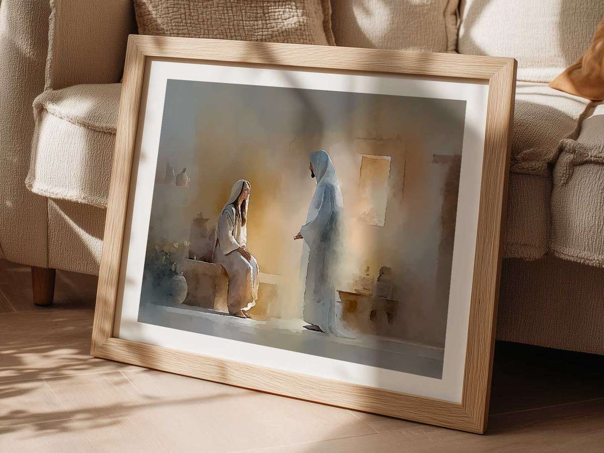 Annunciation scene adapted to a simple domestic interior, showing how traditional iconography retains clarity when placed…