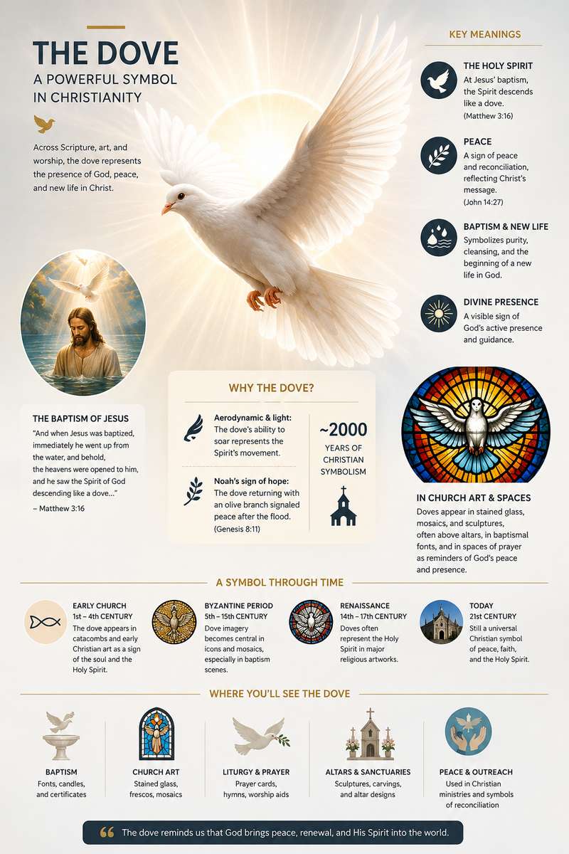 Stylized dove descending with rays of light representing the Holy Spirit over a baptismal scene