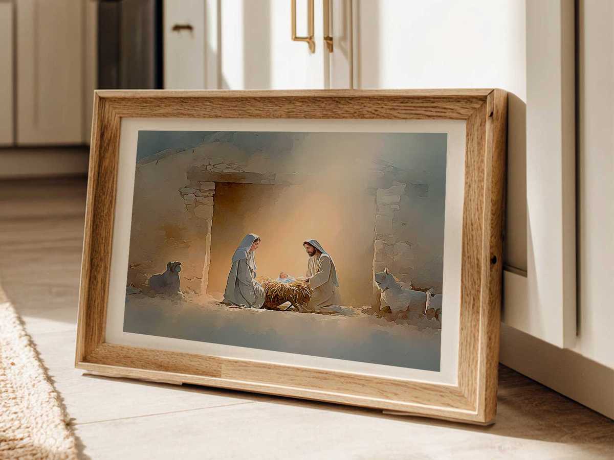 Encaustic panel icon portraying the birth of Jesus with expressive faces and preserved pigment, reflecting devotional…
