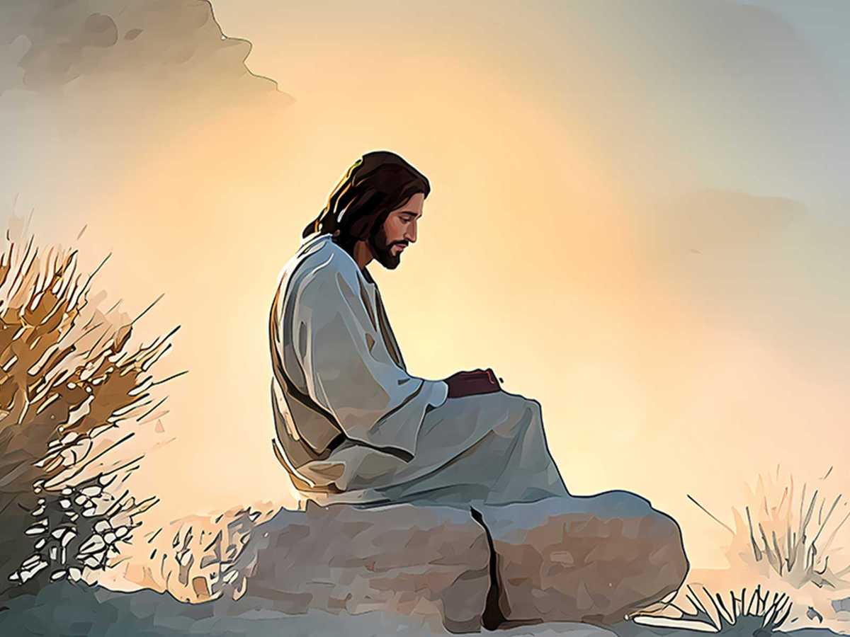 Close-up ink sketch of Jesus' face during temptation, showing calm resolve and inward focus