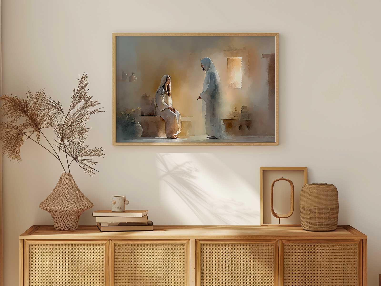Family room wall collage mixing landscape prints, biblical phrases, and family photos arranged to reflect lived faith in…
