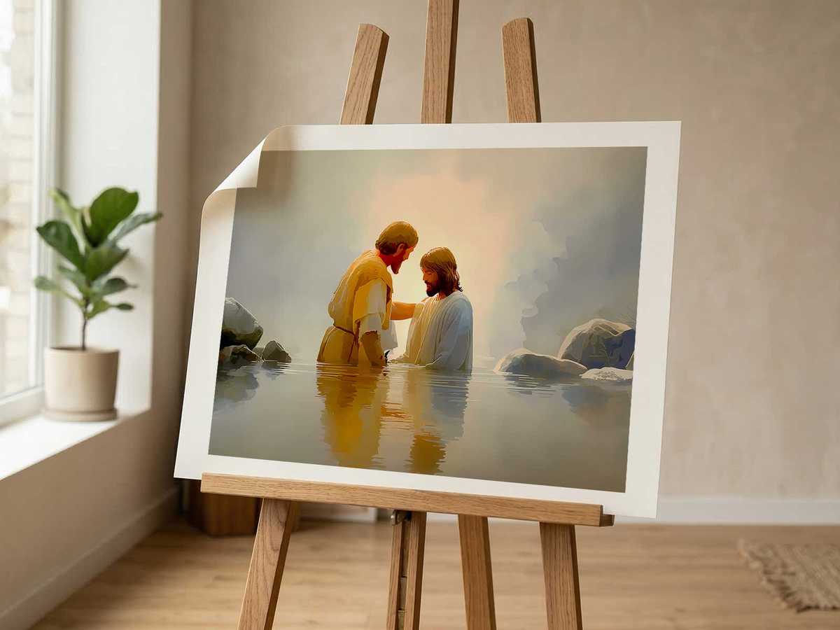 Framed poster with family-oriented scripture and calm design placed above a sofa within a curated family room gallery