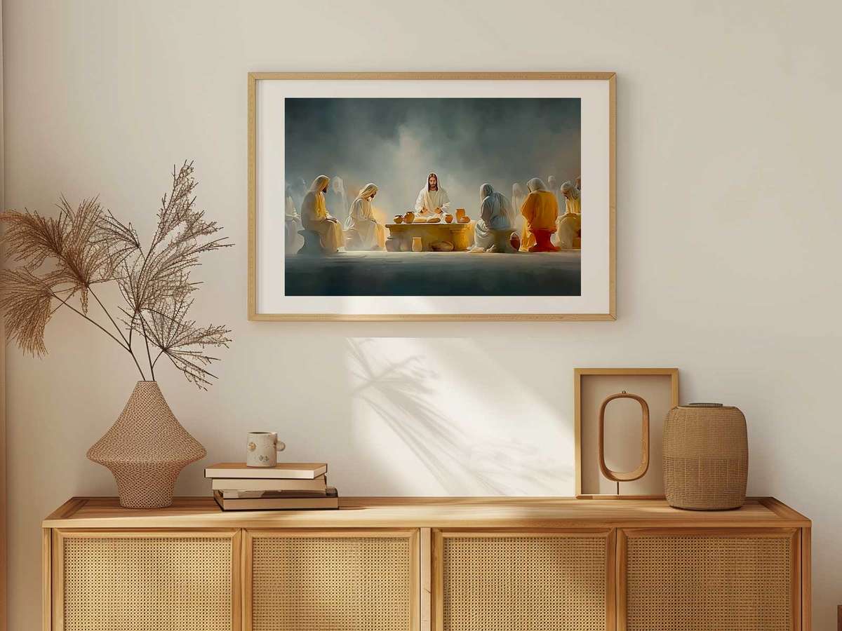 Famous Christ Reimagined wall art combining devotional symbolism and softly illuminated detail in a serene composition