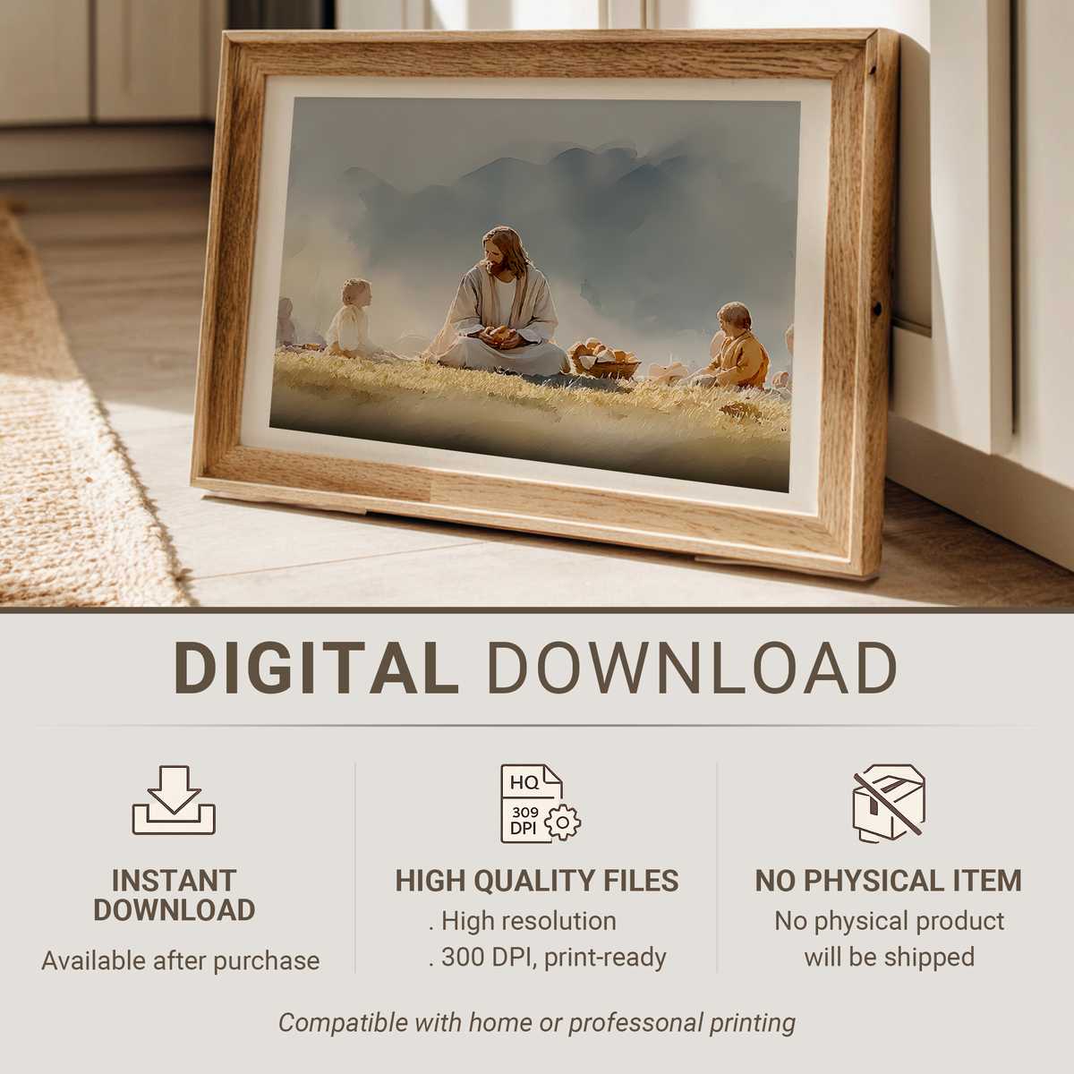 Neutral-toned print of loaves and fishes with the verse John 6:1-14 in elegant type, displayed above a mantel in a cozy…