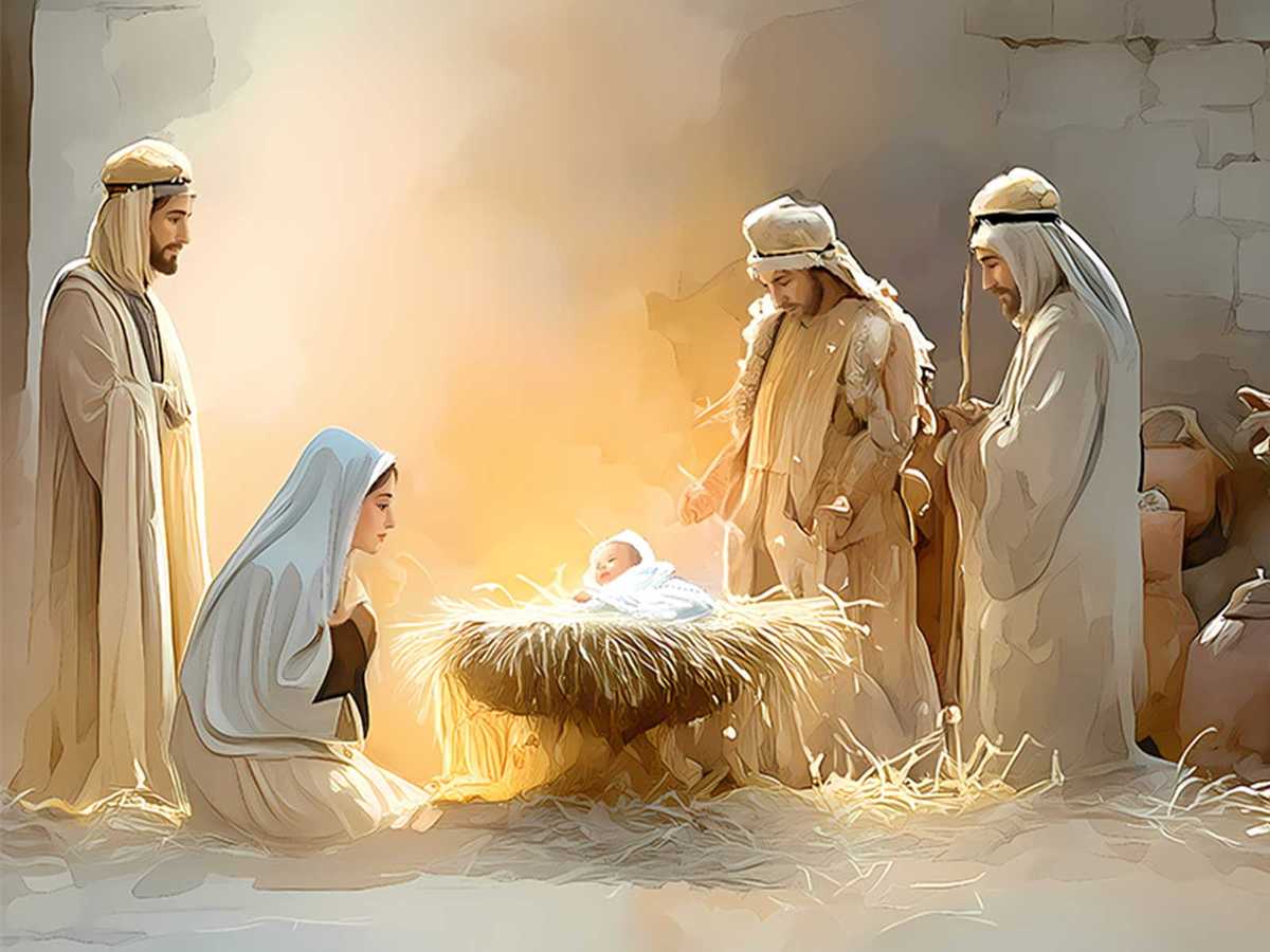 Wide-format canvas showing figures from different nations kneeling before Christ, symbolizing recognition of the nations