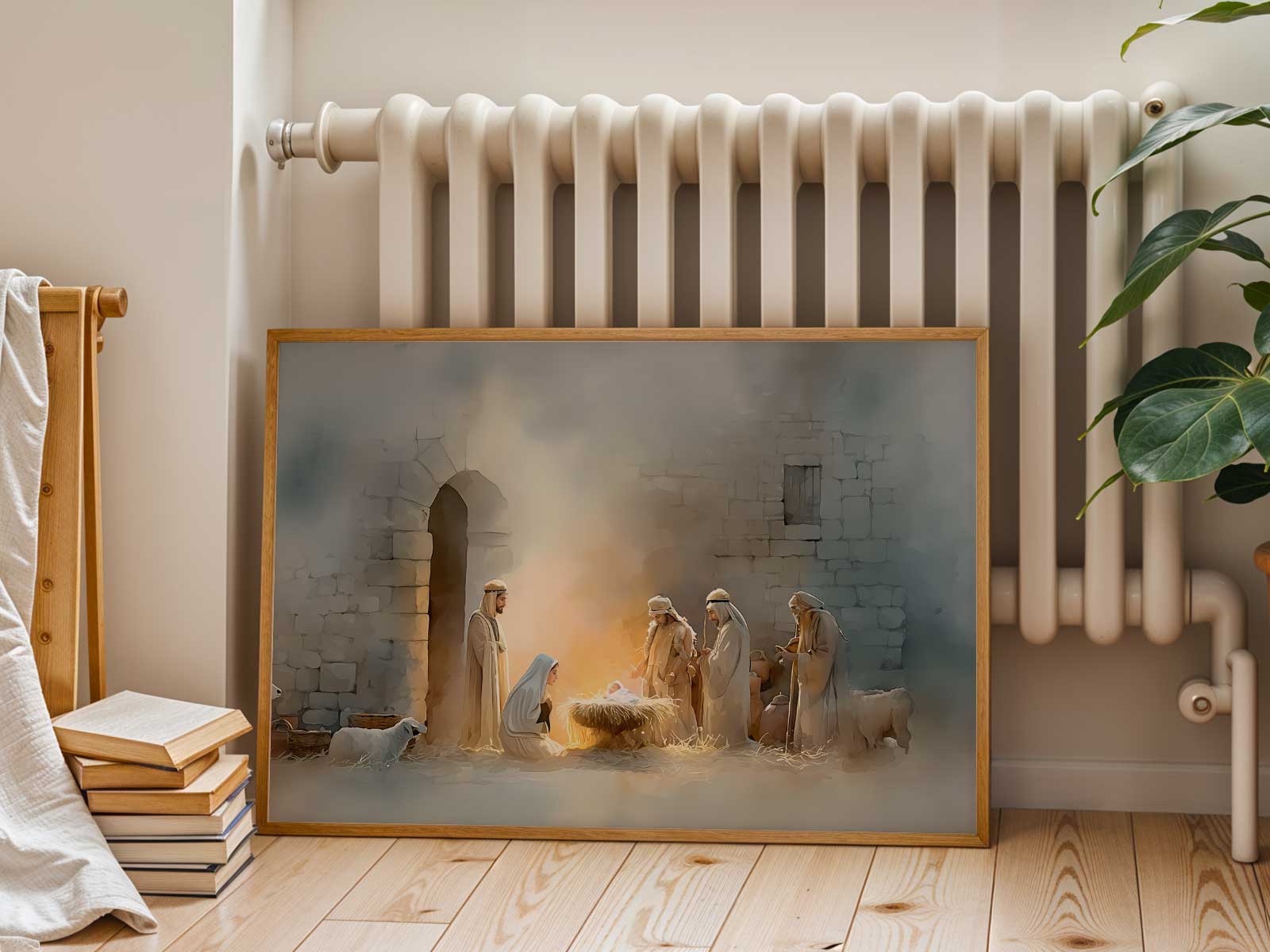 Softly lit canvas of the Magi scene displayed in a calm, domestic interior to suggest peaceful presence and memory