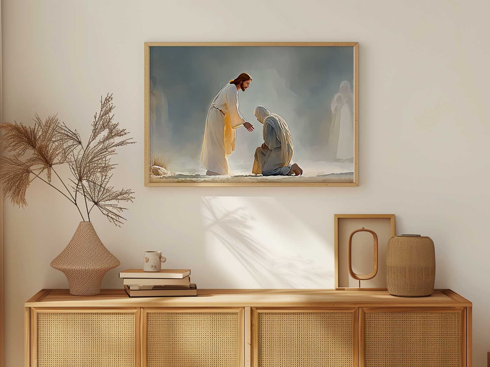 A gentle touch between Christ and the leper rendered in warm tones, suitable for bedroom display