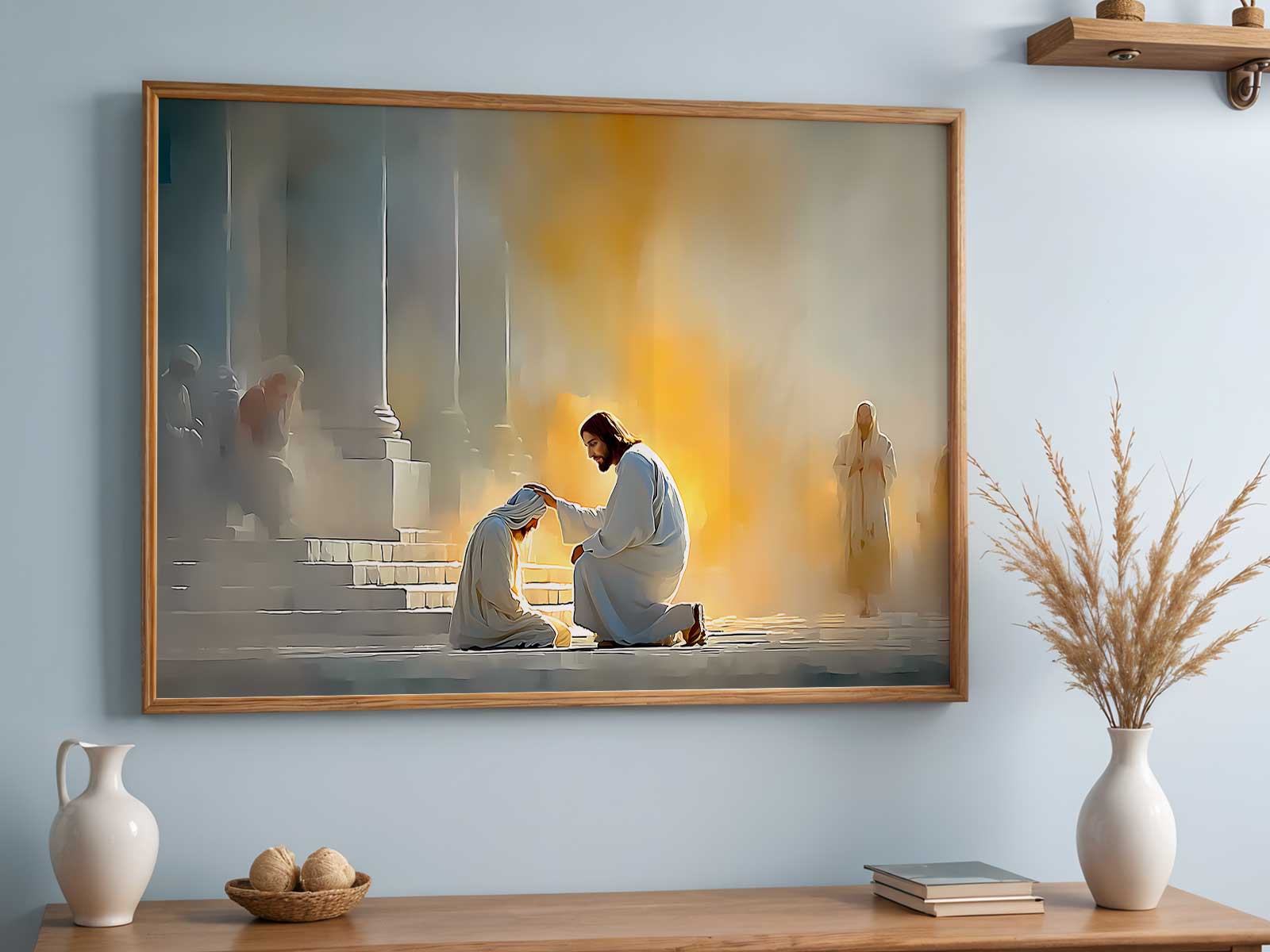 Artwork showing a blind figure opening their eyes as warm light flows into a quiet domestic room