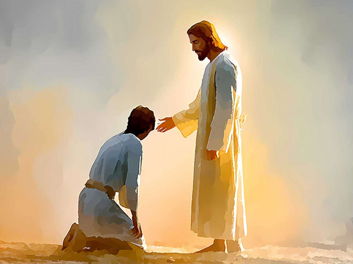 The formerly possessed man seated in calm repose after deliverance, looking toward Christ with gratitude and renewed dignity