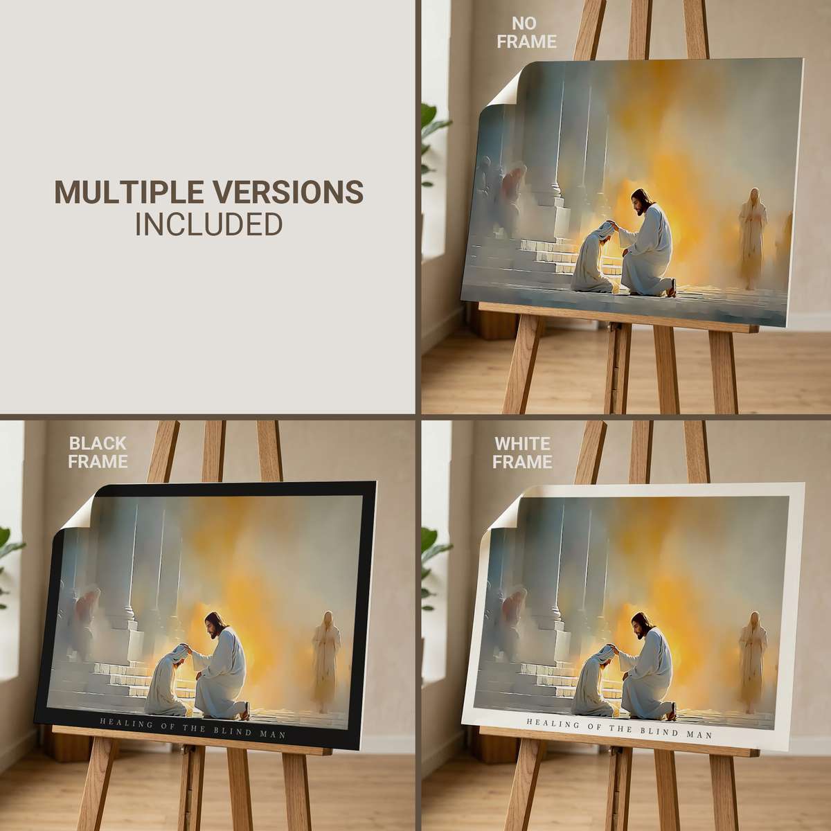 Warmly lit painting of a healed blind man opening his eyes as soft light enters a humble room, symbolizing spiritual…