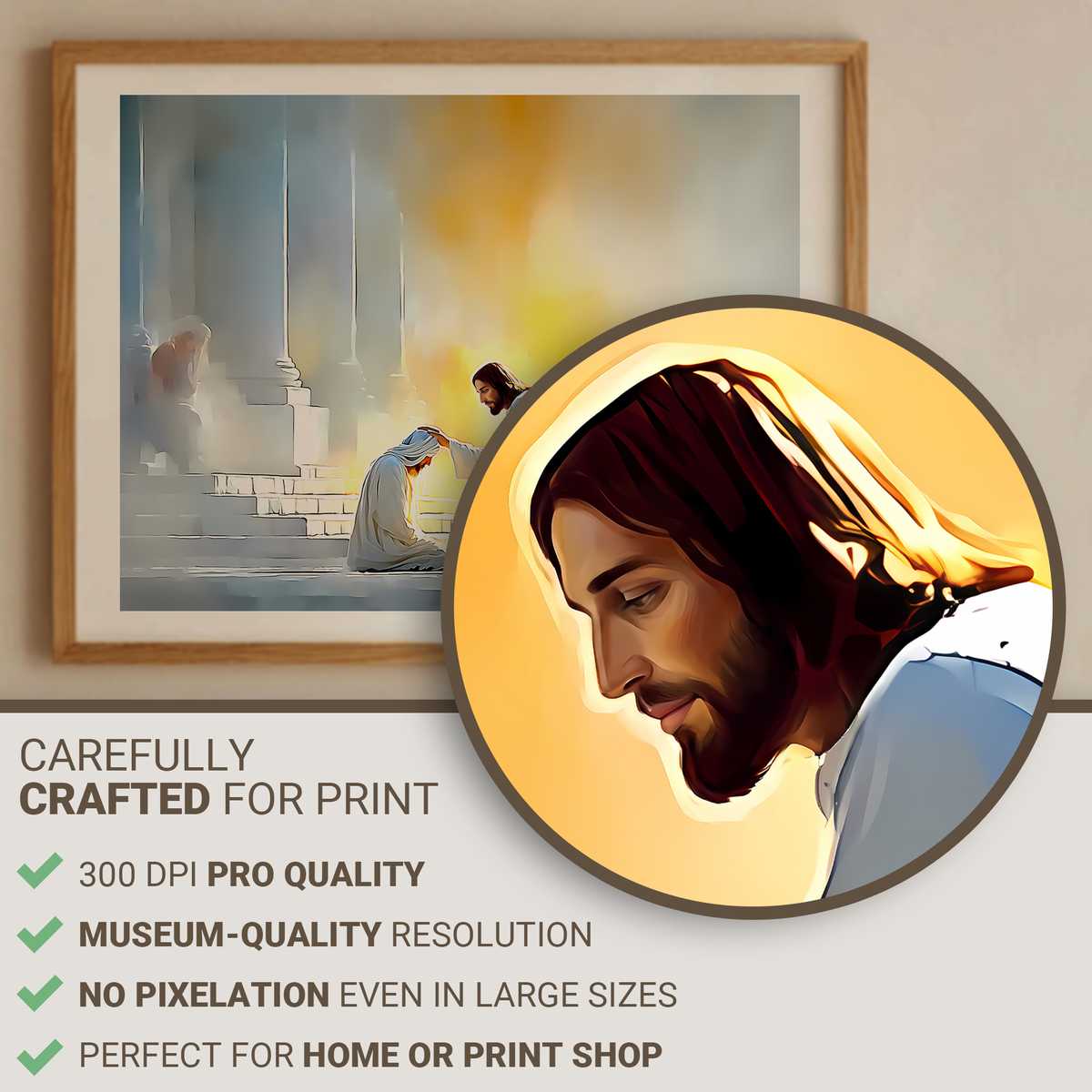Warmly lit painting of a healed blind man opening his eyes as soft light enters a humble room, symbolizing spiritual…