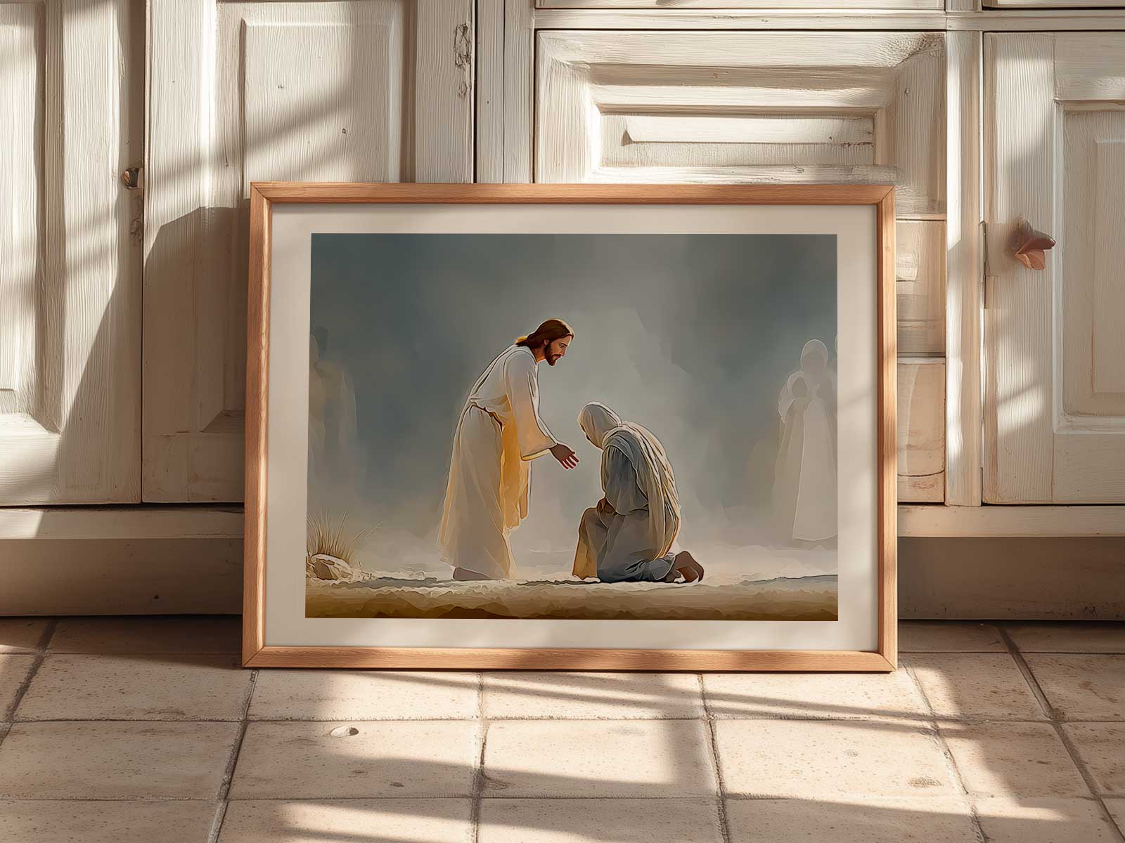 Full scene of the healing of the leper displayed above a home altar with candles and Bible