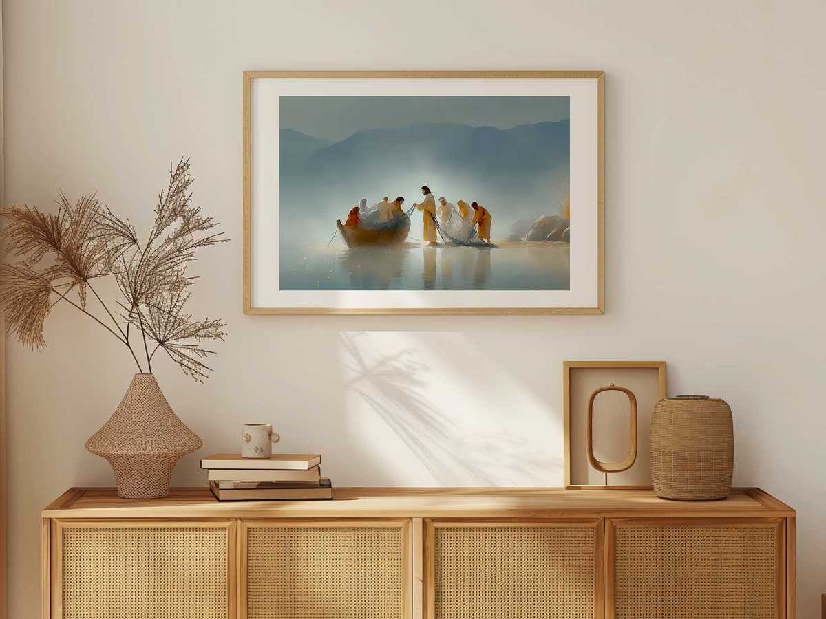 Framed panel of the miraculous catch displayed above a simple mantel in a calm Christian living space
