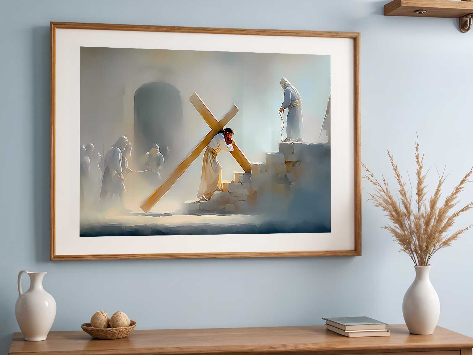 A humble portrayal of Christ bearing the cross, focusing on faithful endurance and tender devotion