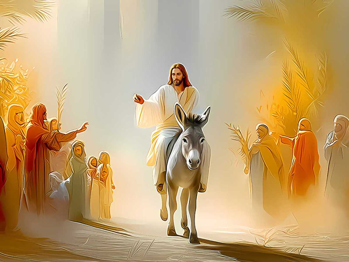 Christ seated on a donkey, calm and radiant, surrounded by soft light suggesting humble kingship