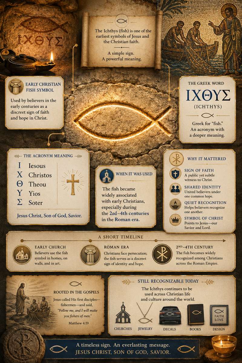 Ichthys fish overlay with Greek letters spelling ΙΧΘΥΣ and an English explanation