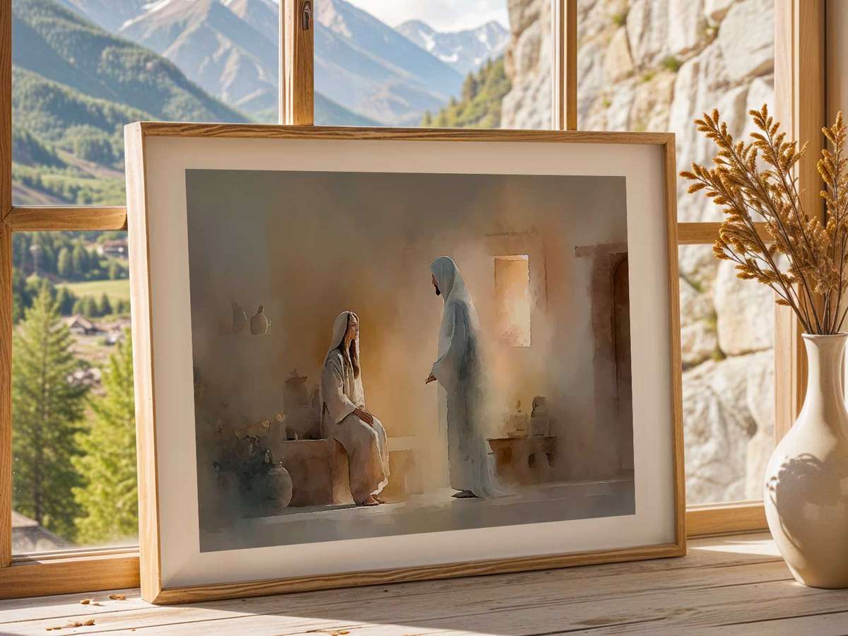 Composite showing key iconographic elements from the Annunciation—book, lilies, architecture—with short visual cues for…