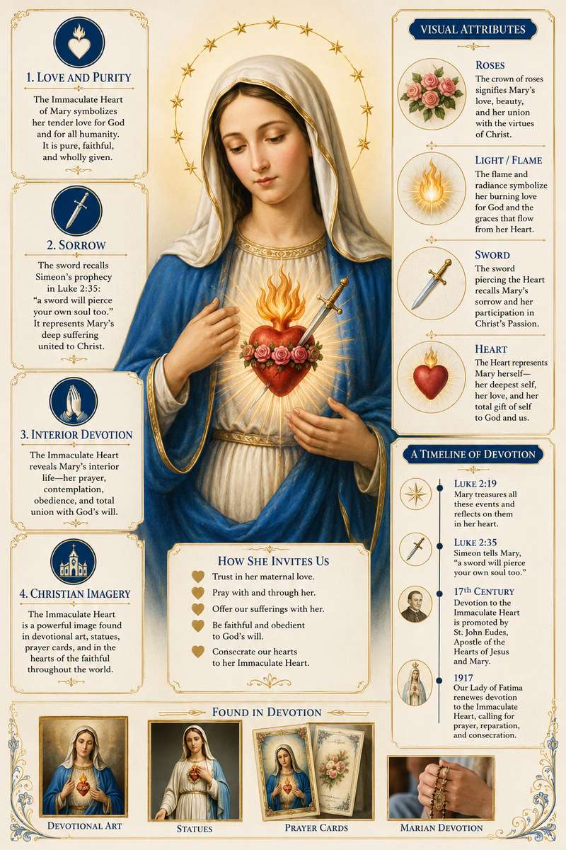 Close-up of the Immaculate Heart pierced by a sword with a burning flame above the heart