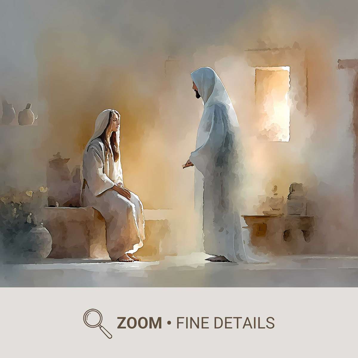 Symbolic depiction of the Incarnation with a dove and beam of light descending toward Mary, emphasizing spiritual presence…