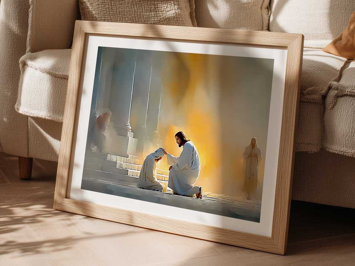 Intimate bedroom altar with subdued lamps and a framed scene of the Johannine healing, light softly pooling on devotional…