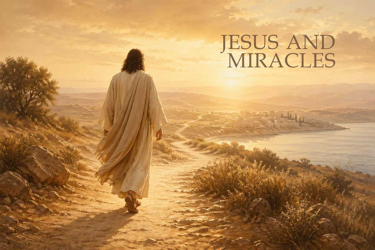 Jesus gently touching a blind man's eyes as light returns to his vision