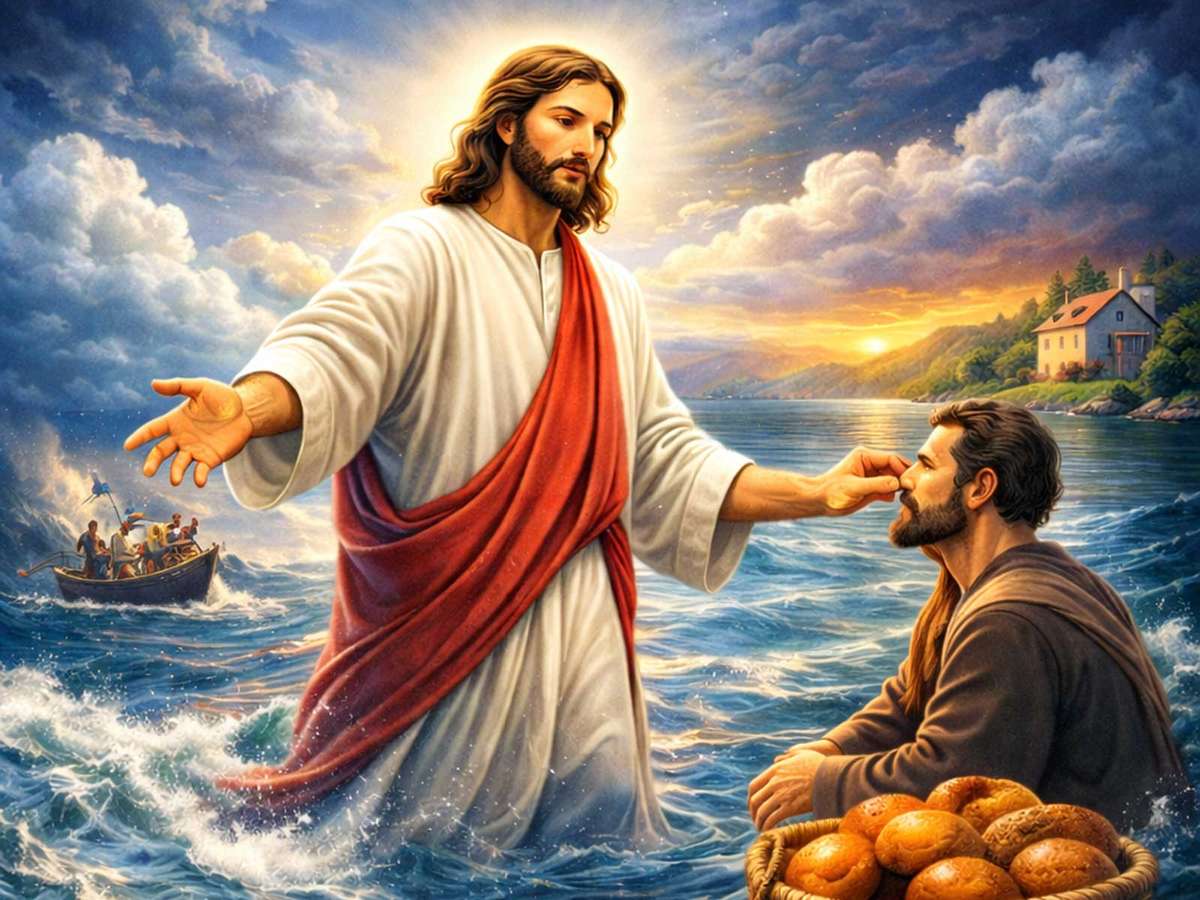 Jesus standing in a boat commanding the wind and waves while disciples watch in awe