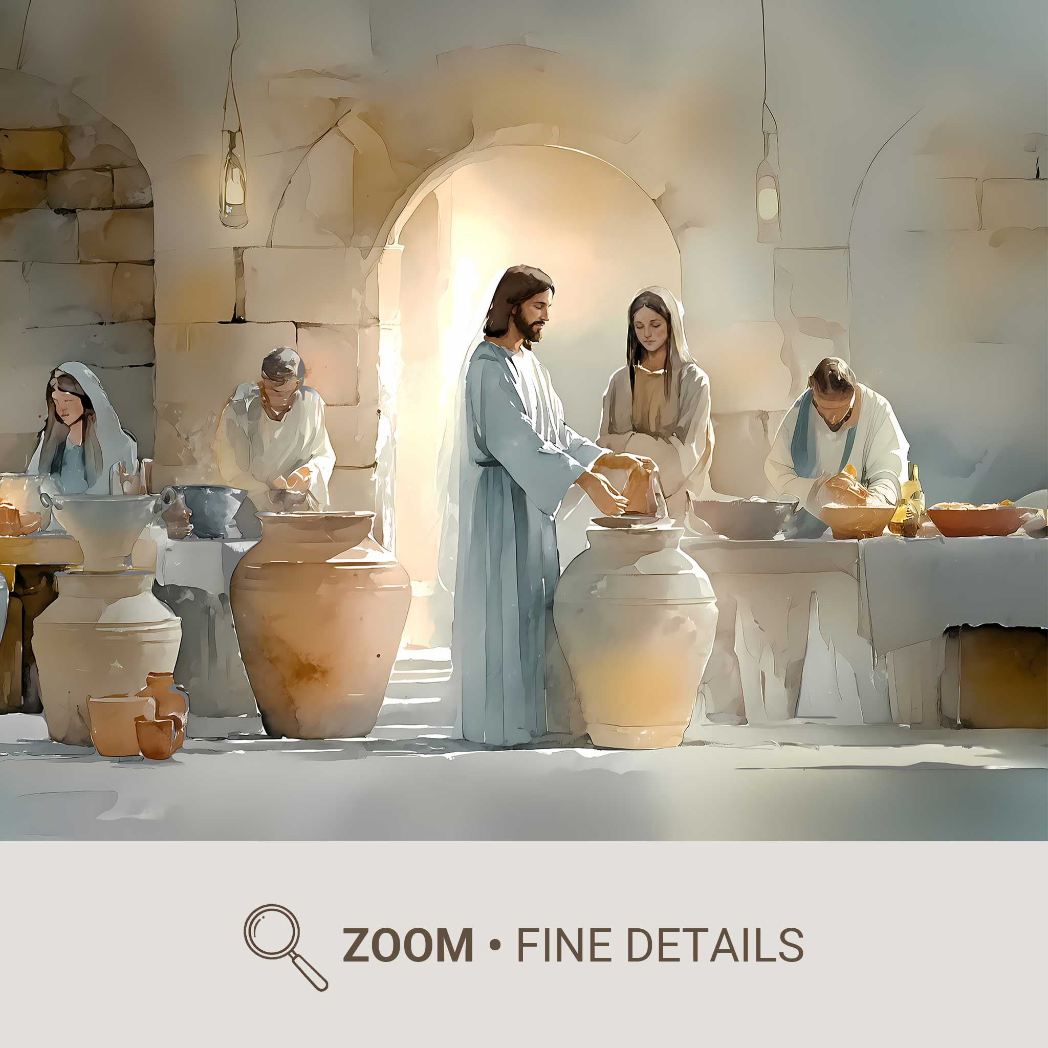 Close view of Jesus and Mary conversing at the Cana feast, their expressions conveying quiet purpose and intimate trust
