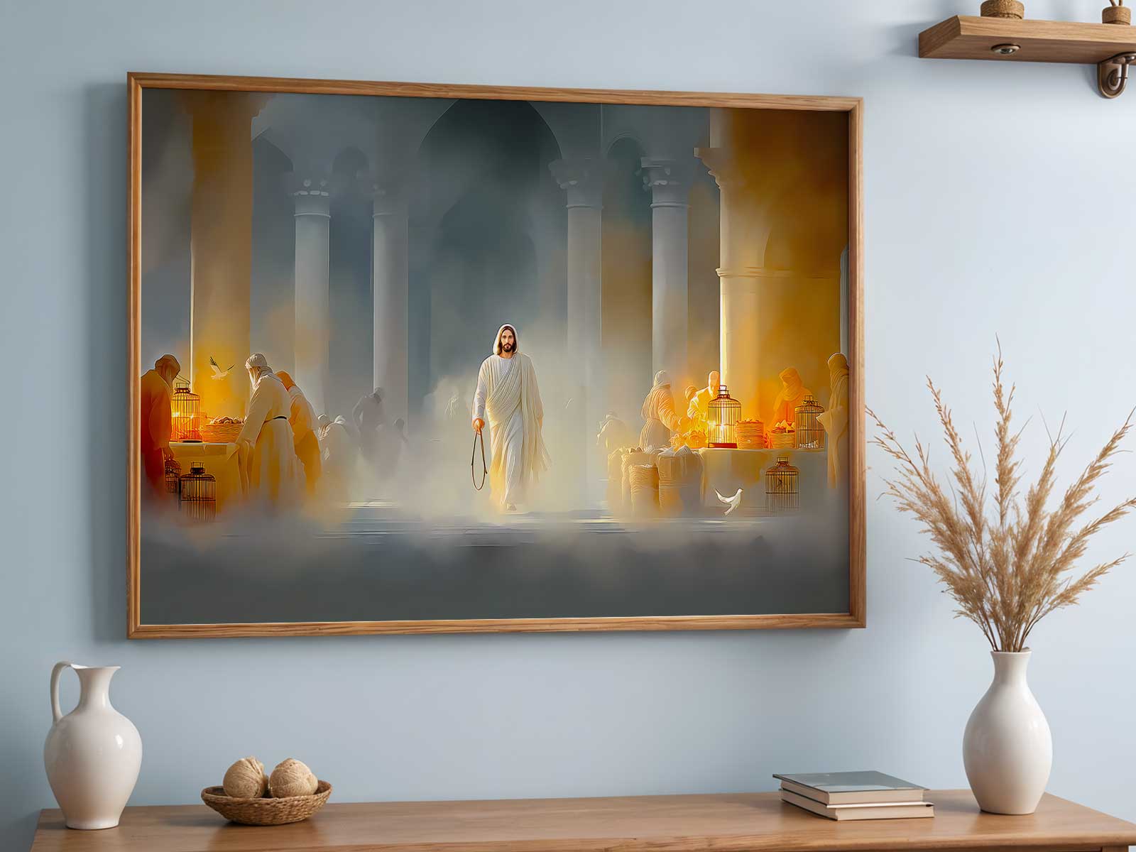 Minimal line drawing of Jesus overturning tables in the Temple, face calm and focused