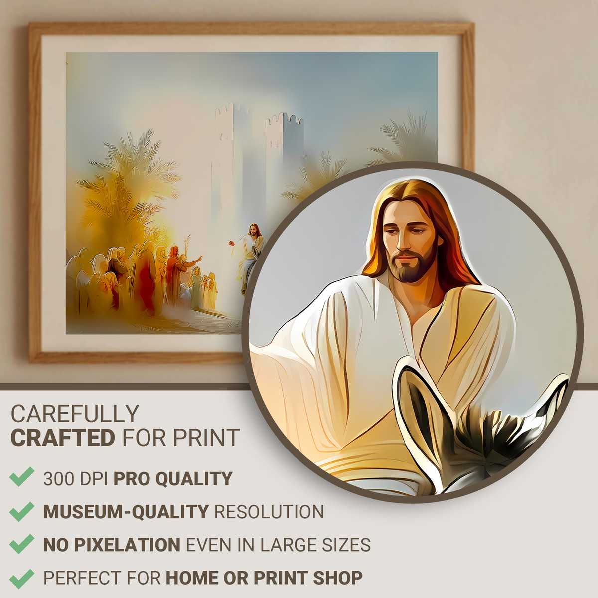 Jesus riding a donkey into Jerusalem while followers spread cloaks and palm branches along the road