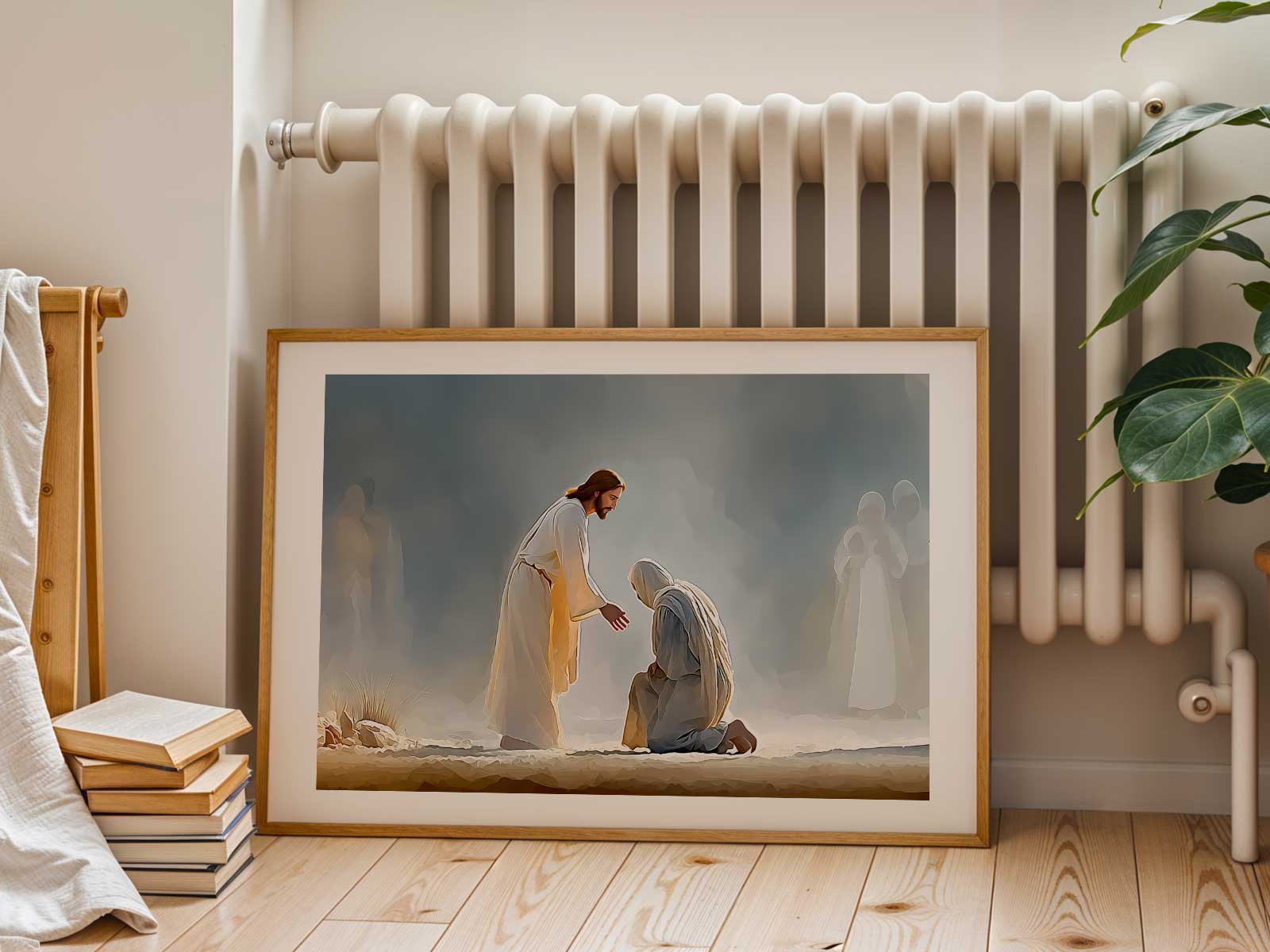 Close-up of Christ's outstretched hand reaching toward a healed leper in a soft domestic light