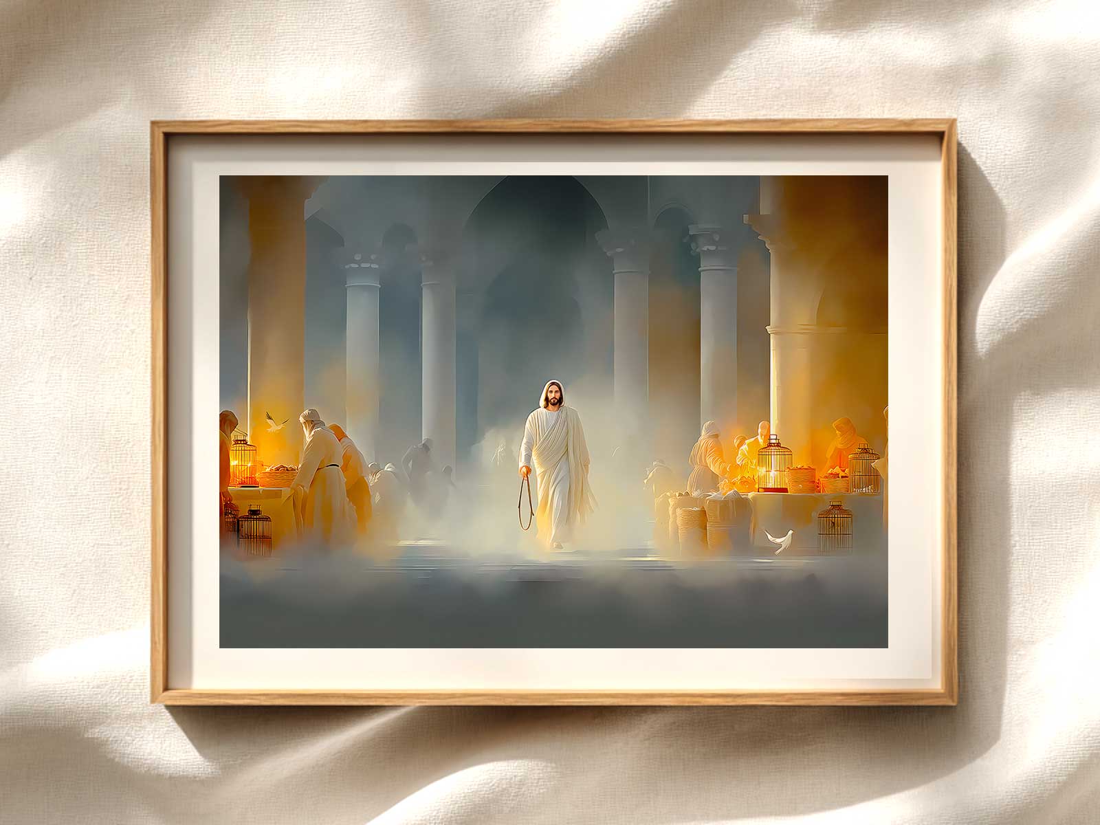 Sober outline of Jesus in mid-motion among merchants, capturing decisive movement without theatrical detail