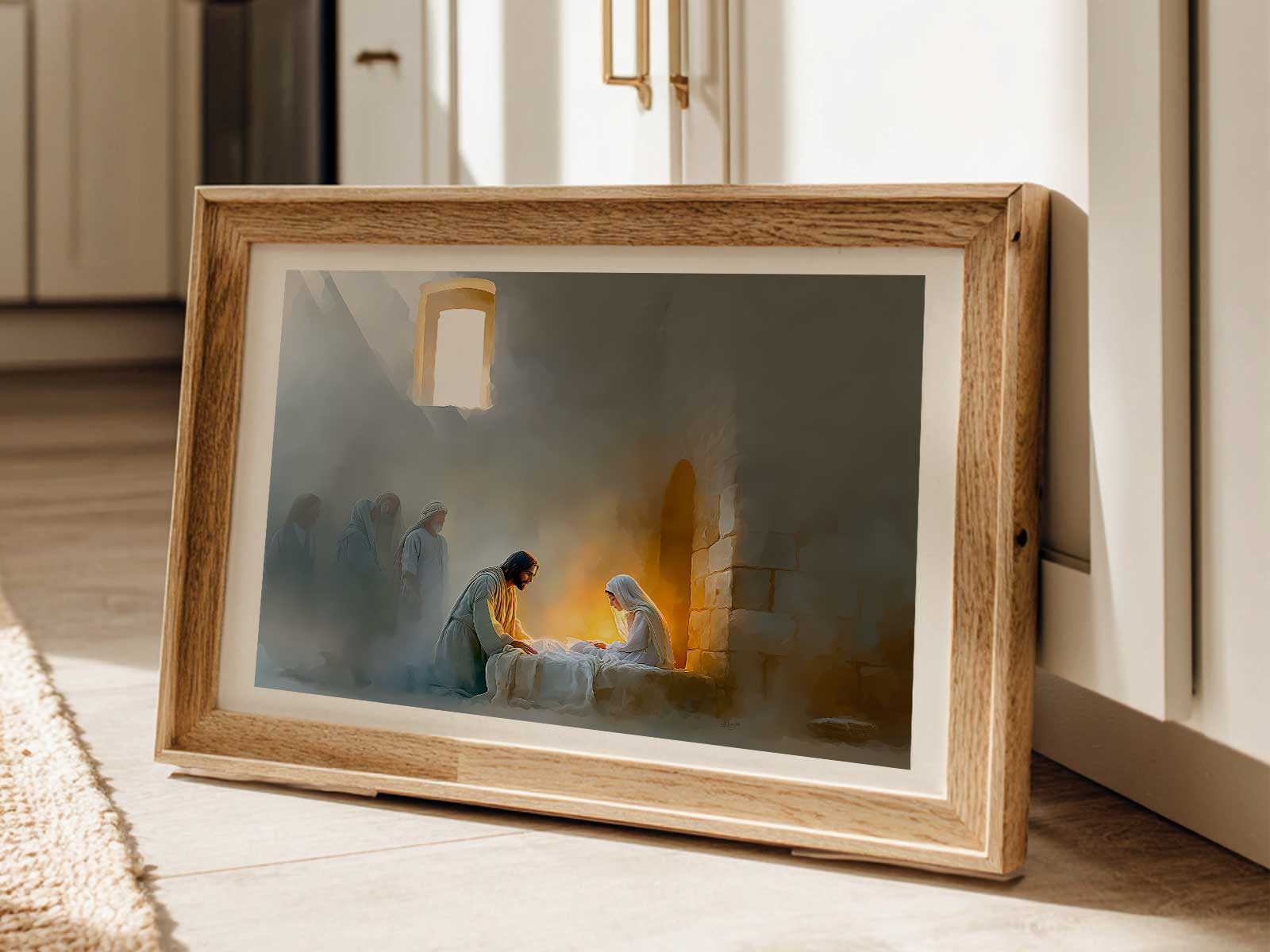 Jesus gently reaching out to Jairus’ daughter as light surrounds them, showing compassion and authority