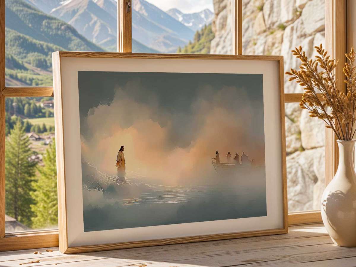 Artistic Jesus Walking on Water artwork featuring devotional symbolism and softly illuminated detail