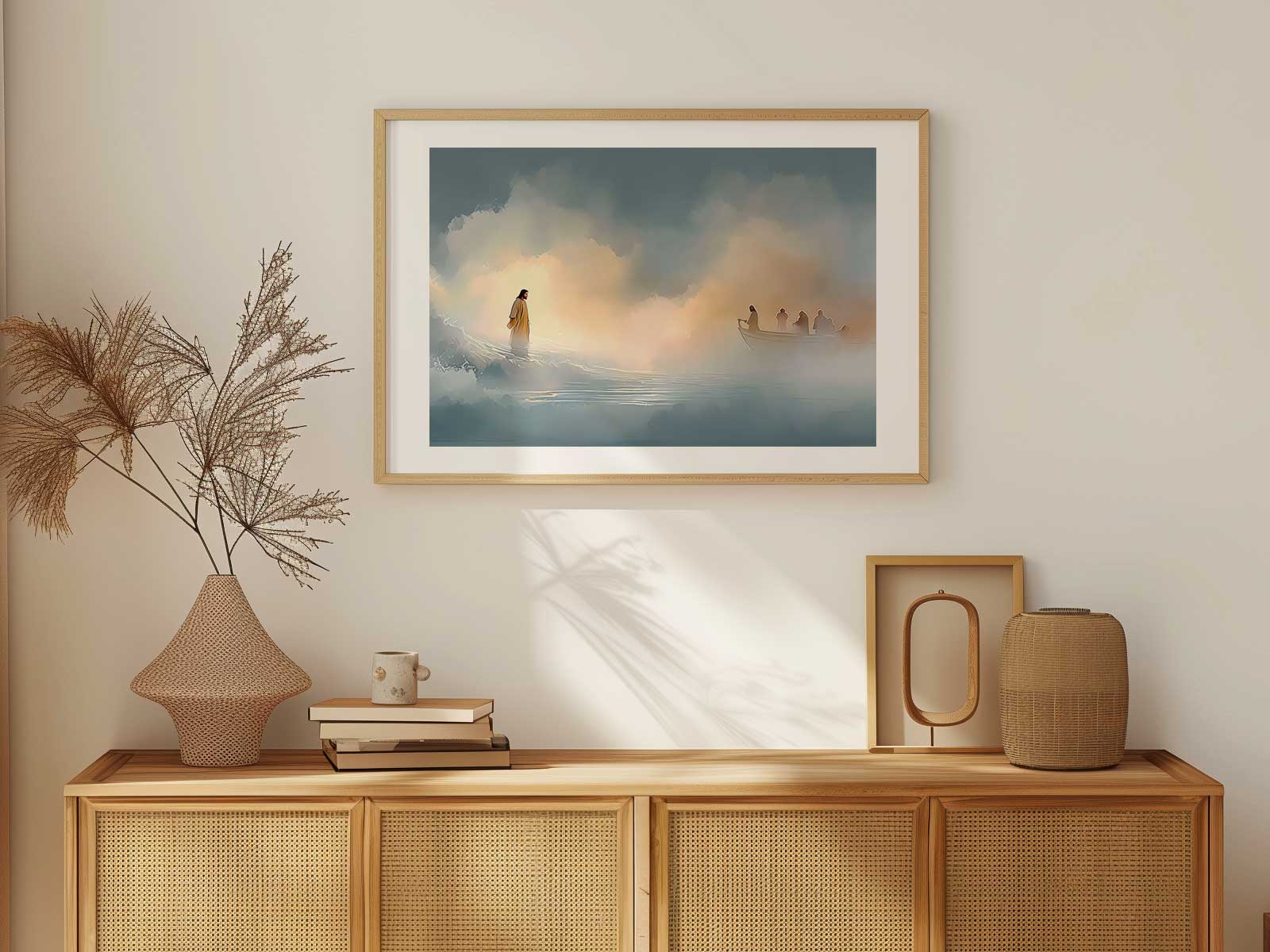 Jesus walking calmly on a dark, rippling sea toward a small boat under a moonlit sky