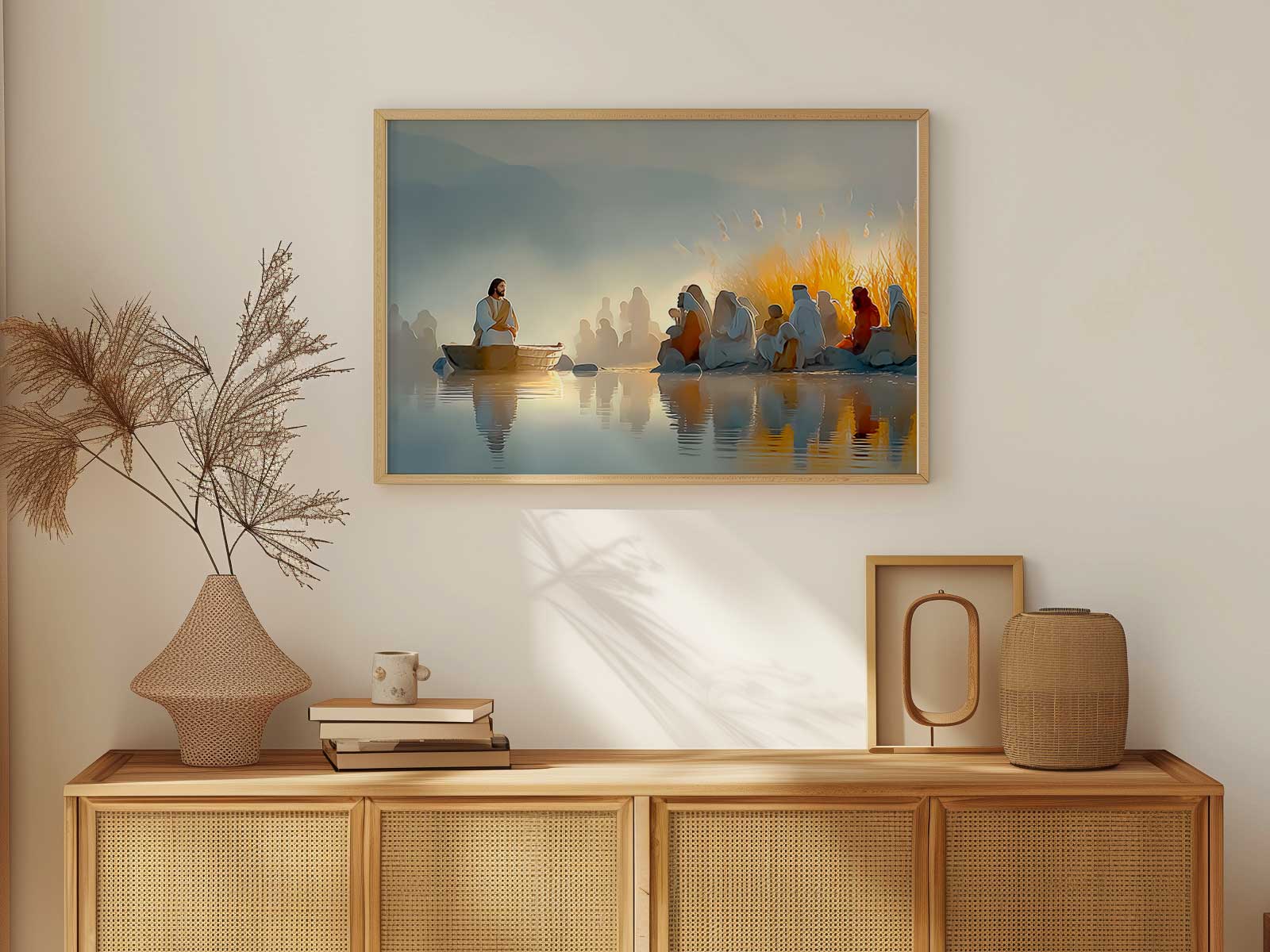 Contemporary wall art of a lamp on a stand with a scripture line about letting light be seen