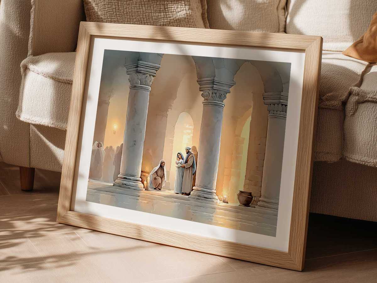 A framed image of the Christ child in the Temple displayed by lamplight on a simple home mantel for quiet devotion