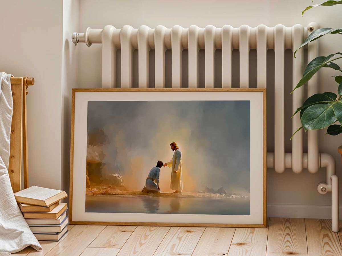 Tranquil shore and hillside framing the Gerasene event, offering a peaceful setting for contemplative viewing