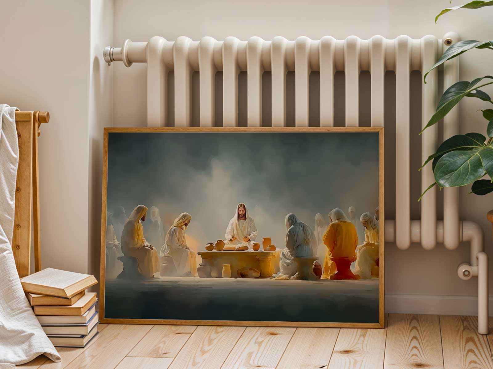 Warm-toned depiction of the Last Supper focused on Jesus at the table, showing intimate gestures and shared bread