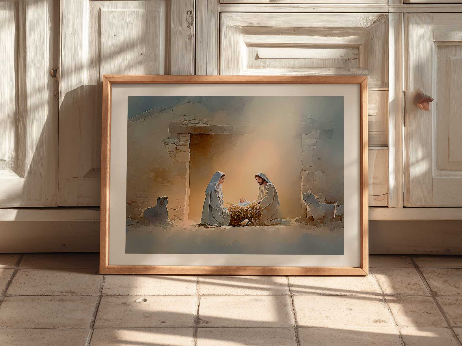 Layered composition of framed prints and family photos featuring a small scripture card