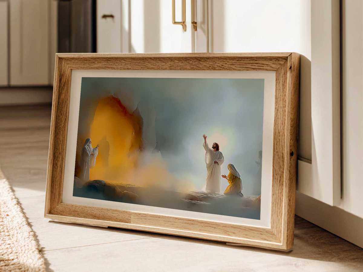 Large canvas showing Lazarus wrapped in burial cloths stepping out of the tomb as people look on with wonder
