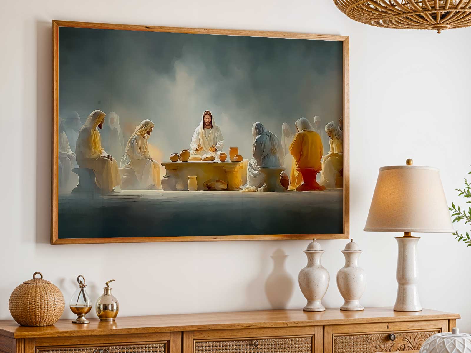Dramatic use of light and shadow illuminating the communal meal, suggesting sacred atmosphere and contemplation