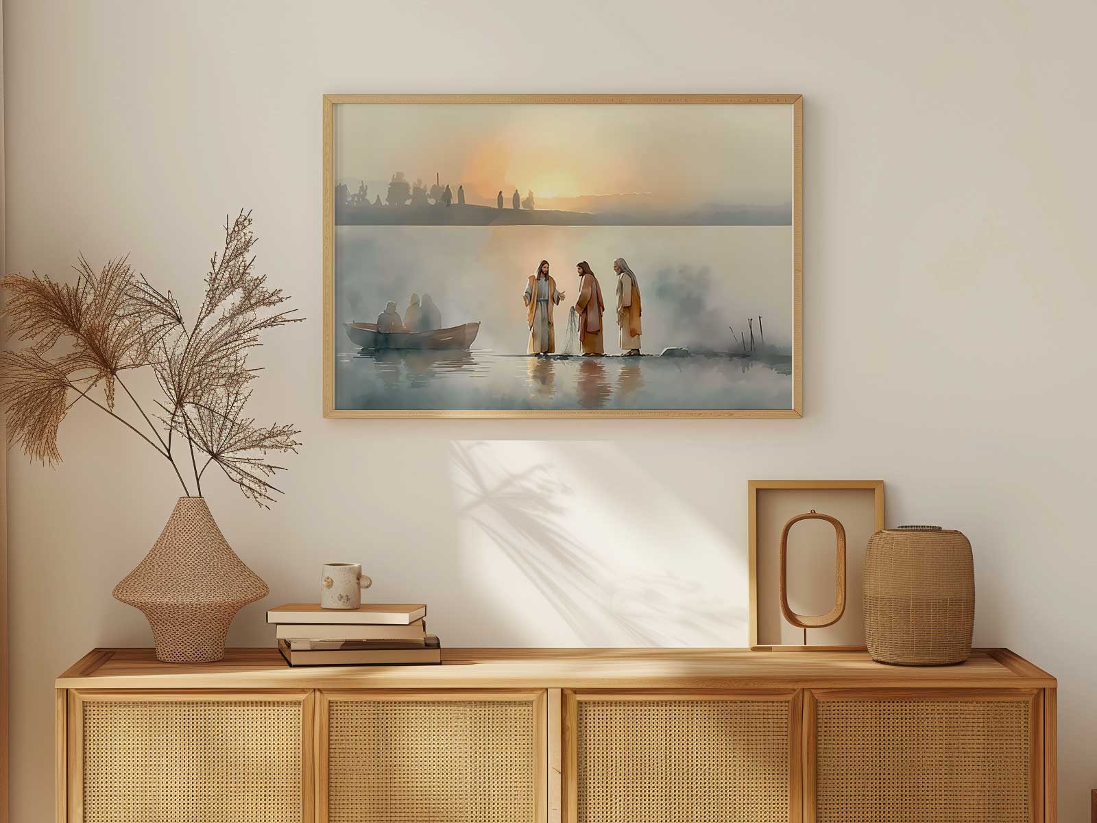 Soft, directional light illuminating Jesus and the disciples, creating a sacred focal point