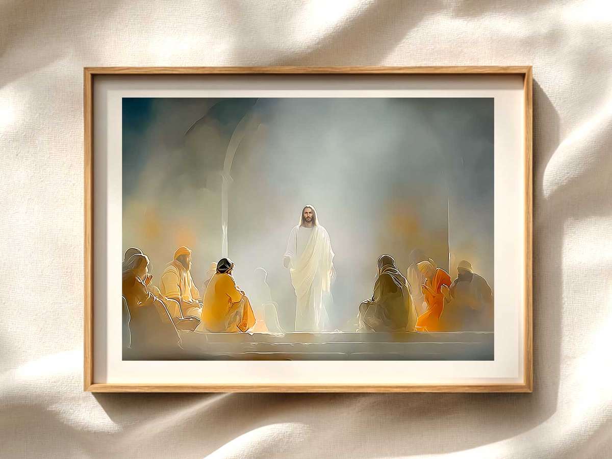 Resurrected Appearing by the Lake Christian wall art displayed as a peaceful framed print