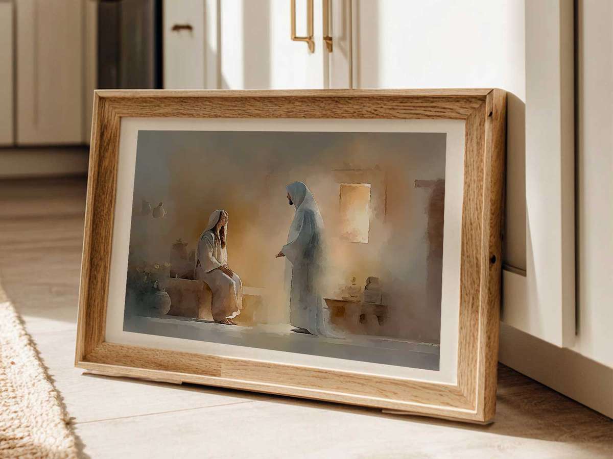 Close-up of Mary's contemplative expression in a famous Christ painting, reflecting interior devotion and humble reception…