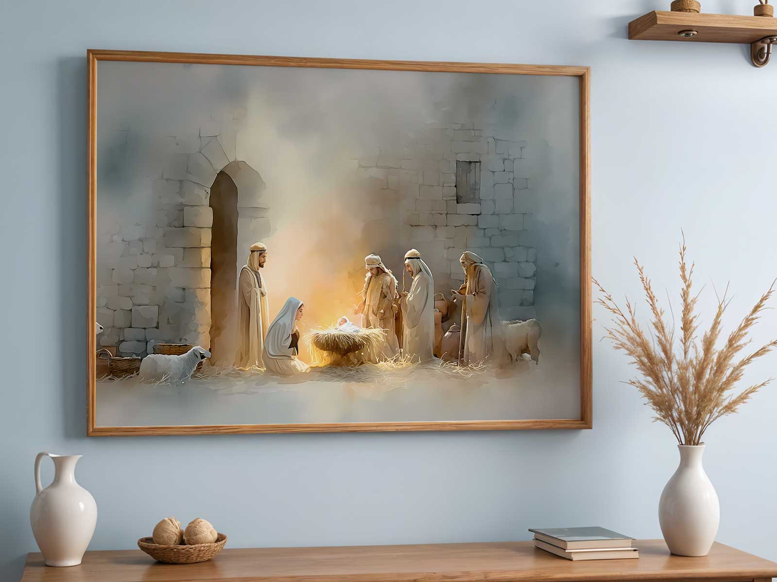 Minimal wooden cross silhouette mounted on pale textured wall with warm natural light, emphasizing simplicity in Christian…