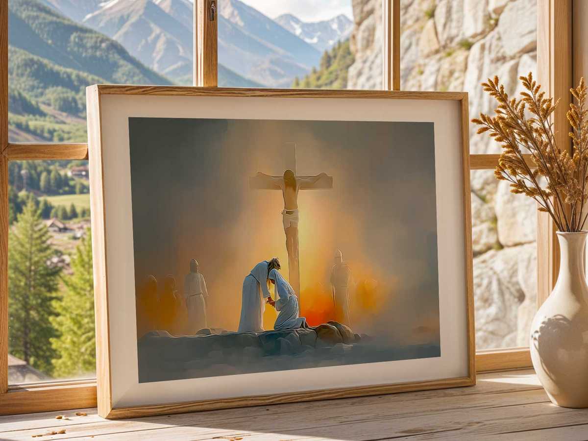 Minimalist cross with the faint outline of Jesus, set against an empty background to emphasize contemplative silence